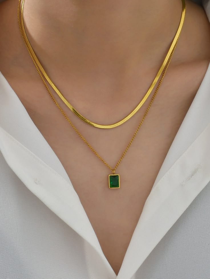 Elegant Real 18K Gold Plated Necklace Set with Green Pendant